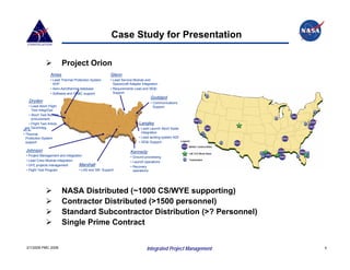 Case Study for Presentation

                          Project Orion
                 Ames                                Glenn
                 • Lead Thermal Protection System    • Lead Service Module and
                   ADP                                 Spacecraft Adapter integration
                 • Aero-Aerothermal database         • Requirements Lead and SE&I
                 • Software and GN&C support           Support
                                                                                Goddard
   Dryden                                                                       • Communications
  • Lead Abort Flight                                                             Support
    Test Integ/Ops
  • Abort Test Booster
    procurement
  • Flight Test Article                                                 Langley
JPL Devt/Integ                                                          • Lead Launch Abort System
                                                                          integration
• Thermal
  Protection System                                                     • Lead landing system ADP
  support                                                               • SE&I Support

 Johnson                                                          Kennedy
 • Project Management and integration                             • Ground processing
 • Lead Crew Module integration                                   • Launch operations
 • GFE projects management         Marshall                       • Recovery
 • Flight Test Program             • LAS and SM Support             operations




                          NASA Distributed (~1000 CS/WYE supporting)
                          Contractor Distributed (>1500 personnel)
                          Standard Subcontractor Distribution (>? Personnel)
                          Single Prime Contract


  2/1/2008 PMC 2008                                                          Integrated Project Management   4
 