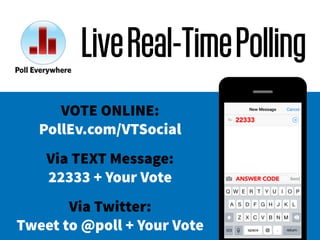 Live Real-Time Polling 
VOTE ONLINE: 
PollEv.com/VTSocial 
Via TEXT Message: 
22333 + Your Vote 
Via Twitter: 
Tweet to @poll + Your Vote 
 