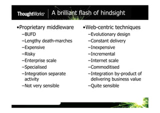 A brilliant flash of hindsight

•Proprietary middleware    •Web-centric techniques
  –BUFD                      –Evolution...