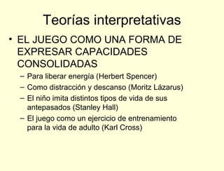 Teorías interpretativas
• EL JUEGO COMO UNA FORMA DE
  EXPRESAR CAPACIDADES
  CONSOLIDADAS
 – Para liberar energía (Herbert Spencer)
 – Como distracción y descanso (Moritz Lázarus)
 – El niño imita distintos tipos de vida de sus
   antepasados (Stanley Hall)
 – El juego como un ejercicio de entrenamiento
   para la vida de adulto (Karl Cross)
 