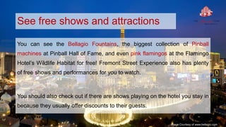See free shows and attractions
You can see the Bellagio Fountains, the biggest collection of Pinball
machines at Pinball Hall of Fame, and even pink flamingos at the Flamingo
Hotel’s Wildlife Habitat for free! Fremont Street Experience also has plenty
of free shows and performances for you to watch.
You should also check out if there are shows playing on the hotel you stay in
because they usually offer discounts to their guests.
Image Courtesy of www.bellagio.com
 