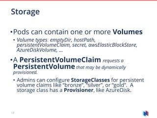 17
•Pods can contain one or more Volumes
• Volume types: emptyDir, hostPath,
persistentVolumeClaim, secret, awsElasticBlockStore,
AzureDiskVolume, …
•A PersistentVolumeClaim requests a
PersistentVolume that may be dynamically
provisioned.
• Admins can configure StorageClasses for persistent
volume claims like “bronze”, “silver”, or “gold”. A
storage class has a Provisioner, like AzureDisk.
Storage
 