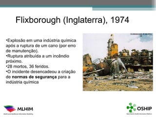 Flixborough (Inglaterra), 1974

•Explosão em uma indústria química
após a ruptura de um cano (por erro
de manutenção).
•Ruptura atribuída a um incêndio
próximo.
•28 mortos, 36 feridos.
•O incidente desencadeou a criação
de normas de segurança para a
indústria química
 