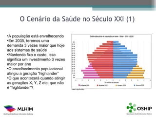 O Cenário da Saúde no Século XXI (1)

•A população está envelhecendo
•Em 2035, teremos uma
demanda 3 vezes maior que hoje
aos sistemas de saúde
•Mantendo fixo o custo, isso
significa um investimento 3 vezes
maior por ano
•O envelhecimento populacional
atingiu a geração “highlander”
•O que acontecerá quando atingir
as gerações X, Y, Z etc, que não
é “highlander”?
 