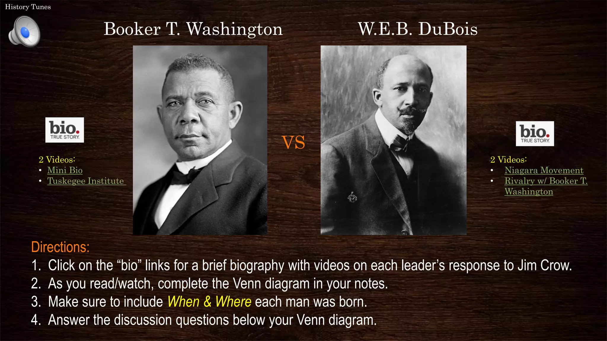 Booker T. Washington W.E.B. DuBois
Directions:
1. Click on the “bio” links for a brief biography with videos on each leader’s response to Jim Crow.
2. As you read/watch, complete the Venn diagram in your notes.
3. Make sure to include When & Where each man was born.
4. Answer the discussion questions below your Venn diagram.
VS
2 Videos:
• Mini Bio
• Tuskegee Institute
History Tunes
2 Videos:
• Niagara Movement
• Rivalry w/ Booker T.
Washington
 
