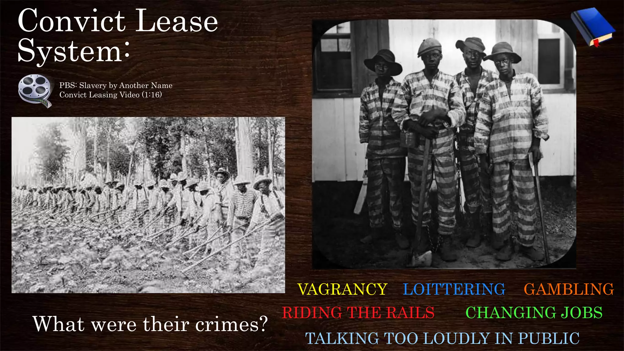 Convict Lease
System:
PBS: Slavery by Another Name
Convict Leasing Video (1:16)
What were their crimes?
VAGRANCY LOITTERING
RIDING THE RAILS CHANGING JOBS
GAMBLING
TALKING TOO LOUDLY IN PUBLIC
 