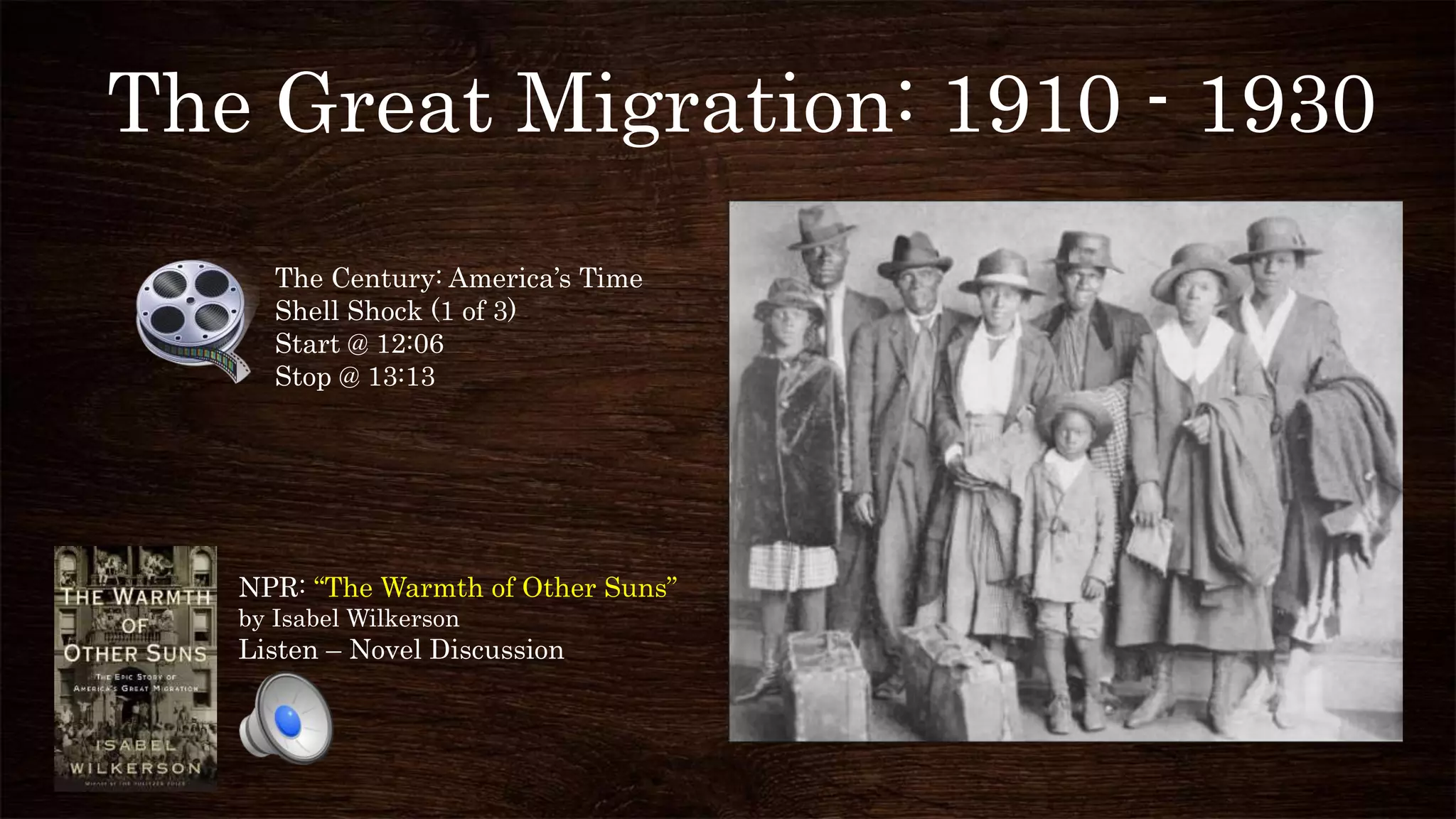 The Great Migration: 1910 - 1930
The Century: America’s Time
Shell Shock (1 of 3)
Start @ 12:06
Stop @ 13:13
NPR: “The Warmth of Other Suns”
by Isabel Wilkerson
Listen – Novel Discussion
 
