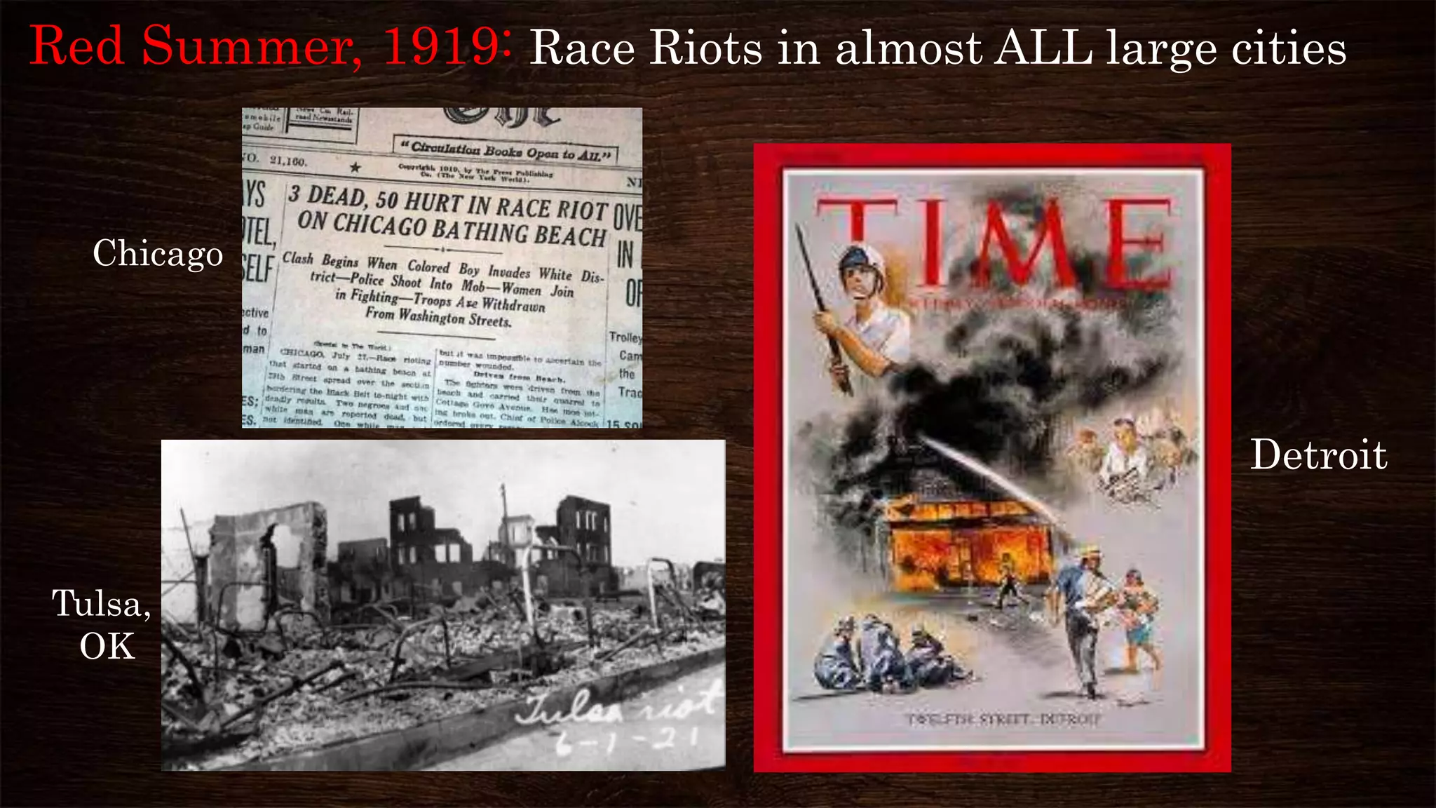 Detroit
Tulsa,
OK
Chicago
Red Summer, 1919: Race Riots in almost ALL large cities
 