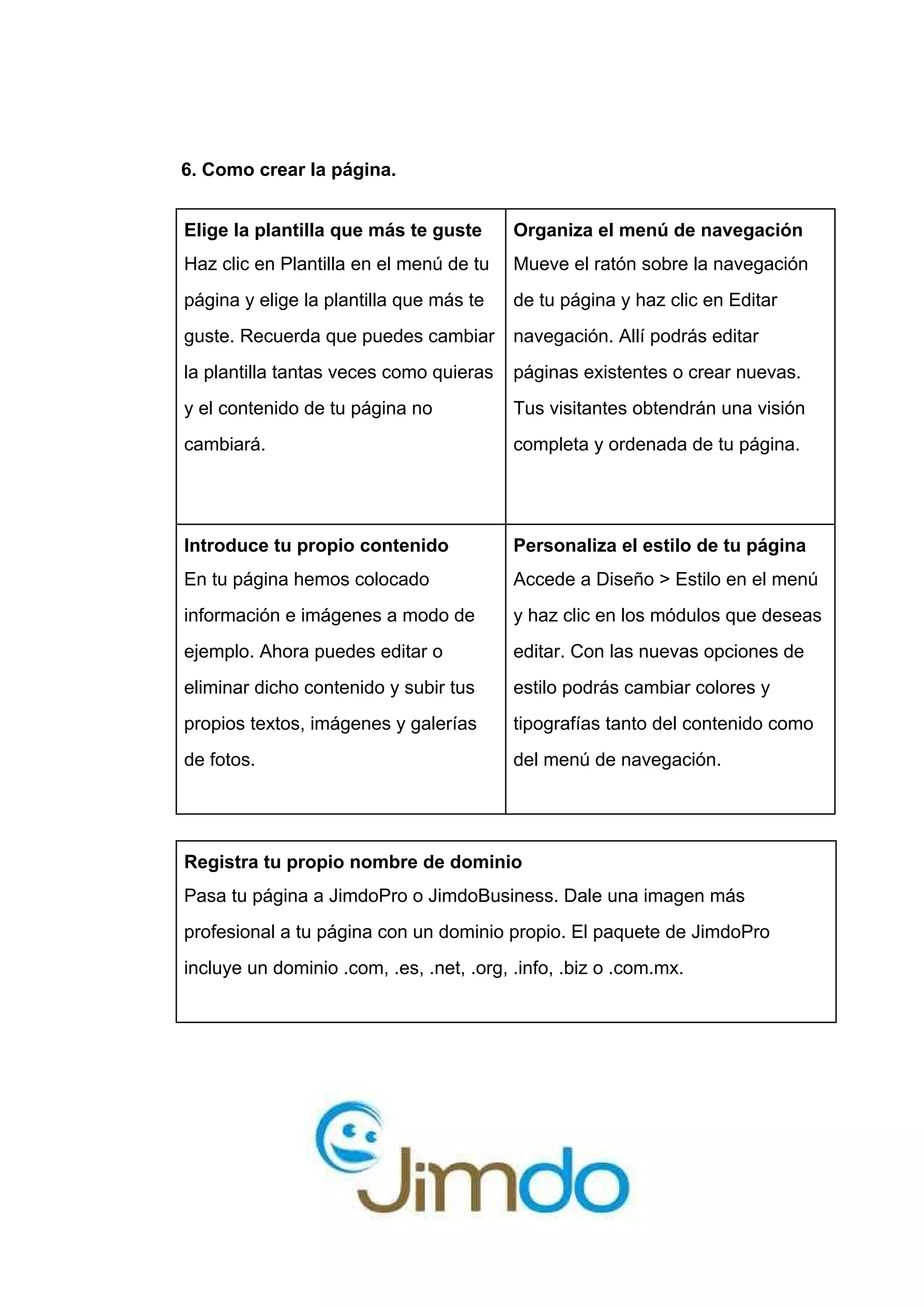 ​ ​6.​ ​Como​ ​crear​ ​la​ ​página.
Elige​ ​la​ ​plantilla​ ​que​ ​más​ ​te​ ​guste
Haz​ ​clic​ ​en​ ​Plantilla​ ​en​ ​el​ ​menú​ ​de​ ​tu
página​ ​y​ ​elige​ ​la​ ​plantilla​ ​que​ ​más​ ​te
guste.​ ​Recuerda​ ​que​ ​puedes​ ​cambiar
la​ ​plantilla​ ​tantas​ ​veces​ ​como​ ​quieras
y​ ​el​ ​contenido​ ​de​ ​tu​ ​página​ ​no
cambiará.
Organiza​ ​el​ ​menú​ ​de​ ​navegación
Mueve​ ​el​ ​ratón​ ​sobre​ ​la​ ​navegación
de​ ​tu​ ​página​ ​y​ ​haz​ ​clic​ ​en​ ​Editar
navegación.​ ​Allí​ ​podrás​ ​editar
páginas​ ​existentes​ ​o​ ​crear​ ​nuevas.
Tus​ ​visitantes​ ​obtendrán​ ​una​ ​visión
completa​ ​y​ ​ordenada​ ​de​ ​tu​ ​página.
Introduce​ ​tu​ ​propio​ ​contenido
En​ ​tu​ ​página​ ​hemos​ ​colocado
información​ ​e​ ​imágenes​ ​a​ ​modo​ ​de
ejemplo.​ ​Ahora​ ​puedes​ ​editar​ ​o
eliminar​ ​dicho​ ​contenido​ ​y​ ​subir​ ​tus
propios​ ​textos,​ ​imágenes​ ​y​ ​galerías
de​ ​fotos.
Personaliza​ ​el​ ​estilo​ ​de​ ​tu​ ​página
Accede​ ​a​ ​Diseño​ ​>​ ​Estilo​ ​en​ ​el​ ​menú
y​ ​haz​ ​clic​ ​en​ ​los​ ​módulos​ ​que​ ​deseas
editar.​ ​Con​ ​las​ ​nuevas​ ​opciones​ ​de
estilo​ ​podrás​ ​cambiar​ ​colores​ ​y
tipografías​ ​tanto​ ​del​ ​contenido​ ​como
del​ ​menú​ ​de​ ​navegación.
Registra​ ​tu​ ​propio​ ​nombre​ ​de​ ​dominio
Pasa​ ​tu​ ​página​ ​a​ ​​JimdoPro​ ​o​ ​JimdoBusiness​.​ ​Dale​ ​una​ ​imagen​ ​más
profesional​ ​a​ ​tu​ ​página​ ​con​ ​un​ ​dominio​ ​propio.​ ​El​ ​paquete​ ​de​ ​JimdoPro
incluye​ ​un​ ​dominio​ ​.com,​ ​.es,​ ​.net,​ ​.org,​ ​.info,​ ​.biz​ ​o​ ​.com.mx.
 