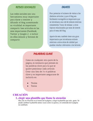 CREACIÓN
1. elegir una plantilla que llame la atención
Haz clic en Plantilla en el menú de la página y elegir la plantilla que más guste. Se
puede cambiar la plantilla tantas veces como se quiera y el contenido de la página
no cambiará.
 