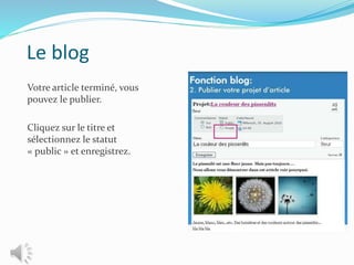 Le blog
Votre article terminé, vous
pouvez le publier.
Cliquez sur le titre et
sélectionnez le statut
« public » et enregistrez.
 