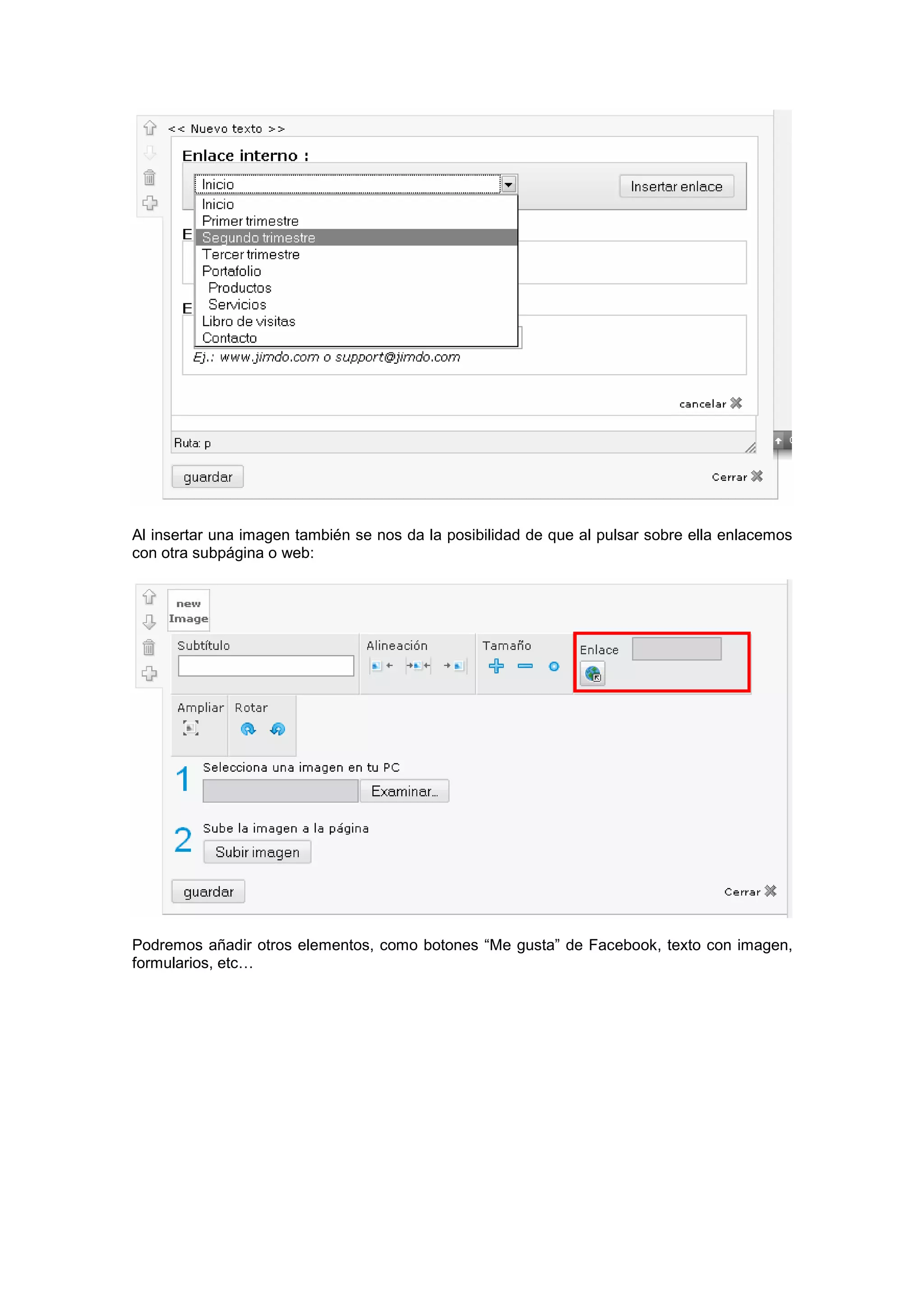 Al insertar una imagen también se nos da la posibilidad de que al pulsar sobre ella enlacemos
con otra subpágina o web:
Podremos añadir otros elementos, como botones “Me gusta” de Facebook, texto con imagen,
formularios, etc…
 