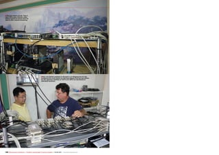 ■
■
128 TELE-audiovision International — The World‘s Leading Digital TV Industry Publication — 05-06/2015 — www.TELE-audiovision.com
The true centre of it all: This is
Jim’s fibre-optic Internet cable,
without which he would never be
able to offer channel streaming.
Here Jim Edstein explains to Aluosat’s Luo Shigang how he has
configured the multi-switch so that feed signals from the two dishes
for the Japanese satellites at 124°E and 128°E are distributed to
individual receivers.
 