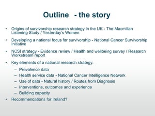 Outline - the story
• Origins of survivorship research strategy in the UK - The Macmillan
Listening Study / Yesterday‟s Women
• Developing a national focus for survivorship - National Cancer Survivorship
Initiative
• NCSI strategy - Evidence review / Health and wellbeing survey / Research
Workstream report
• Key elements of a national research strategy:
– Prevalence data
– Health service data - National Cancer Intelligence Network
– Use of data - Natural history / Routes from Diagnosis
– Interventions, outcomes and experience
– Building capacity
• Recommendations for Ireland?
 