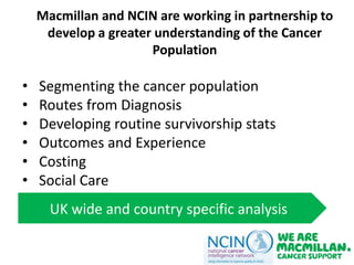 Macmillan and NCIN are working in partnership to
develop a greater understanding of the Cancer
Population
• Segmenting the cancer population
• Routes from Diagnosis
• Developing routine survivorship stats
• Outcomes and Experience
• Costing
• Social Care
UK wide and country specific analysis
 