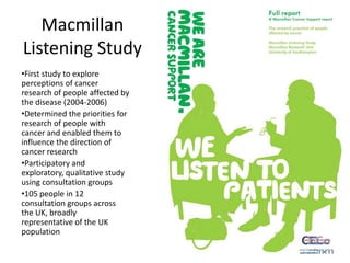 Macmillan
Listening Study
•First study to explore
perceptions of cancer
research of people affected by
the disease (2004-2006)
•Determined the priorities for
research of people with
cancer and enabled them to
influence the direction of
cancer research
•Participatory and
exploratory, qualitative study
using consultation groups
•105 people in 12
consultation groups across
the UK, broadly
representative of the UK
population
 
