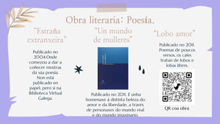 Obra literaria: Poesía.
“Estraña
extranxeira”
Publicado no
2004.Onde
comezou a dar a
coñecer mostras
da súa poesía.
Non está
publicado en
papel, pero si na
Biblioteca Virtual
Galega.
“Un mundo
de mulleres”
Publicado no 2011. É unha
homenaxe á distinta beleza do
amor e da liberdade, a través
de personaxes do mundo real
e do mundo imaxinario.
“Lobo amor”
Publicado no 2011.
Poemas de poucos
versos, os cales
tratan de lobos e
lobas libres.
QR coa obra
 