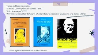 Tamén publicou os ensaios:
“Carballo Calero: política e cultura.” (1991)
“Uxío Novoneyra” (1999)
“Novoneyra: un cantor do Courel a Compostela. O poeta nos lugares dos seus libros” (2010)
- Unha especie de homenaxe a estes autores.
 