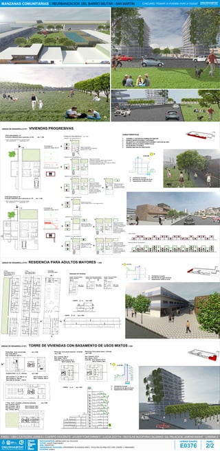 CONCURSO "PENSAR LA VIVIENDA VIVIR LA CIUDAD" |MANZANAS COMUNITARIAS | REURBANIZACION DEL BARRIO MILITAR - SAN MARTIN
FADU - UBA | CATEDRA JAIMES | CUERPO DOCENTE: JAVIER TOMCHINSKY - LUCIA DOTTA | ALUMNO: XXXXXXXXXXXFADU - UBA | CATEDRA JAIMES | CUERPO DOCENTE: JAVIER TOMCHINSKY - LUCIA DOTTA | ALUMNO: GIL PALACIOS, JIMENA ANAHI LAMINA 2
UNIDAD DE DESARROLLO Nº1 VIVIENDAS PROGRESIVAS
UNIDAD DE DESARROLLO Nº2 RESIDENCIA PARA ADULTOS MAYORES 1:200
CAJA
CAJA
UNIDAD DE DESARROLLO Nº3 TORRE DE VIVIENDAS CON BASAMENTO DE USOS MIXTOS1:250
Planta Baja - Usos comerciales esc.1:250
Sup. Total: 640 m²
Sup. Comercios: 440 m²
PLANTA TIPO 1°,2°,3° - Oficinas esc.1:250
Sup Cubierta 1° y 2°: 640 m² c/u Semi Cubierta: 150 m²
Sup Cubierta 3°: 540 m² Semi Cubierta: 360 m²
Sup. totla de oficinas: 1.180 m²
1° Piso Torre - Comedor y Gimnacio (oficinas) esc.1:250
Sup. Cubierta: 340 m²
Sup. Comedor: 140 m² Semi Cubierta: 45m²
Sup Gimnacio: 140 m² Semi Cubierta: 45m²
Sup. Terraza: 200 m²
Planta tipo Torre (pisos impares) - Vivienda
esc.1:250
Sup. Cubierta: 260 m²
Sup. Dptos.: 130 m²
Cada Dto.: Sup Cubierta 80 m²
Semi Cubierta: 50m²
CAJA
Planta Baja
Sup Cubierta:950 m²
1º Piso
Sup. Cubierta. 950 m²
Semi Cubierta: 45 m²
2º Piso
Sup.cubierta: 475 m²
Semi Cubierta: 23 m²
Terraza: 475 m²
A - A
A - A
CORTE A - A esc.1:250
CORTE B - B esc.1:250
CORTE A - A esc.1:250
B - B
Planta tipo Torre (pisos pares) - Vivienda
esc.1:250
Sup. Cubierta: 310 m²
Sup. Dptos.: 155 m²
Cada Dto.: Sup Cubierta 104 m²
Semi Cubierta: 50m²
Unidad - Persona Asistida
Abuelo + Asistente
Sup.: 15 m²
5 unidades
Unidad - Persona Autosuficiente
Abuelo solo / Pareja de abuelos
Sup.: 15 m²
15 unidades
Sup.: 22 m²
2 unidades
Unidad - Persona Asistida
Pareja + Asistente
UNIDADES DE VIVIENDA
PB
TIPOLOGÍA BÁSICA "A"
Vivienda unifamiliar para 2 personas en PB esc. 1:100
1º etapa vivienda unifamiliar para 2 personas1 planta
Sup. Cubierta:48 m² Expansiones: 74 m²
+
POSIBLES CRECIMIENTOS esc. 1:250
+
N
CARACTERISTICAS
ATIENDE A LAS NUEVAS FORMAS DE HABITAR
PERMITE MODIFICACIONES Y ADICIONES
SE ADAPTA A LOS DIFERENTES PATRONES Y ESTILOS DE VIDA
PERMITE INSTALACIONES COMERCIALES
ES UN MODELO FLEXIBLE
GENERA MIXTURA DE HABITANTES
Posibilidad de
expansión hasta 150 m²
Etapa de crecimiento:
vivienda unifamiliar para 2 personas
planta 48 m² en 1° piso
PB 1ºP
N Etapa de crecimiento:
Ampliación a vivienda unifamiliar para 4 personas
Suma una 2º planta 48 m² en 1° piso
Se saca el dormitorio principal y en su lugar se construye
una escalera de acceso al 2º piso
Posibilidad de
expansión hasta 150 m²
N
Etapa de crecimiento:
lugar de trabajo de 48 m² o dos locales de 24 m²
+
N
Etapa de crecimiento:
lugar de trabajo de 48 m²
o dos locales de 24 m²
+
N
+
PB 1ºP
N N
+
Etapa de crecimiento:
quinchó en 2° piso
Se continua la escalera
para generar el acceso
N
+
Etapa de crecimiento:
vivienda unifamiliar para
2 personas
planta 48 m² en 2° piso
+
1ºP 2ºP
N
VARIANTE 1 de Vivienda Básica "A"
VARIANTE 2 de Vivienda Básica "A"
VARIANTE 1 de Vivienda básica "B"
VARIANTE 2 de Vivienda básica "B"
VARIANTE 3 de Vivienda Basica "B"
VISTA INICIAL
Ventilación Cruzada
Recolección de agua de lluvia
Expansiones verdes al norte
Ventilación Cruzada
Recolección de agua de lluvia
Expansiones verdes al norte
Ventilación Cruzada
Recolección de agua de lluvia
Expansiones verdes al norte
+
+
VARIANTE 3 de Vivienda Básica "A"
N
TIPOLOGÍA BÁSICA "B"
Vivienda unifamiliar para 2 personas en 1ºP esc. 1:100
1º etapa vivienda unifamiliar para 2 personas1 planta
Sup. Cubierta:48 m² Expansiones: 74 m²
+
+
+
PROYECCIÓN DE CRECIMIENTO
1°P
N
1°P
2ºP
1ºP
1ºP1ºPPB
PB
A - A A - A
B - B
Etapa de crecimiento:
Ampliación a vivienda
unifamiliar para 4 personas
Suma una 2º planta 48 m²
en 1° piso
Se saca el dormitorio
principal y en su lugar se
construye una escalera de
acceso al 2º piso
Etapa de crecimiento:
Ampliación a vivienda
unifamiliar para 4 personas
Suma una 2º planta 48 m²
en 1° piso
Se saca el dormitorio
principal y en su lugar se
construye una escalera de
acceso al 2º piso
Etapa de crecimiento:
Ampliación a vivienda
unifamiliar para 4 personas
Suma una 2º planta 48 m²
en 1° piso
Se saca el dormitorio
principal y en su lugar se
construye una escalera de
acceso al 2º piso
JIMENA ANAHI GIL PALACIOS
JAVIER TOMCHINSKY
ARGENTINA
UNIVERSIDAD DE BUENOS AIRES - FACULTAD DE ARQUITECTURA, DISEÑO Y URBANISMO
JAIMES
E0376 2/2
- NICOLAS NUCIFORA | ALUMNO: GIL PALACIOS, JIMENA ANAHI
 