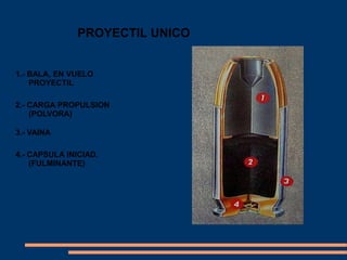 PROYECTIL UNICO
1.- BALA, EN VUELO
PROYECTIL
2.- CARGA PROPULSION
(POLVORA)
3.- VAINA
4.- CAPSULA INICIAD.
(FULMINANTE)
 