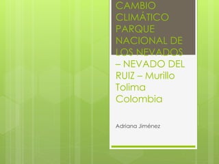 CAMBIO
CLIMÁTICO
PARQUE
NACIONAL DE
LOS NEVADOS
– NEVADO DEL
RUIZ – Murillo
Tolima
Colombia
Adriana Jiménez
 