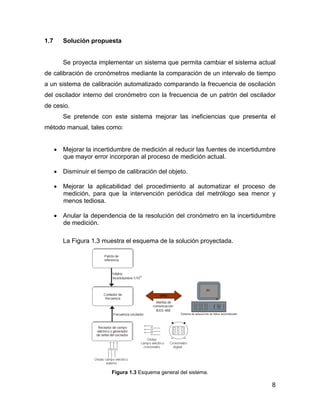 8
1.7 Solución propuesta
Se proyecta implementar un sistema que permita cambiar el sistema actual
de calibración de cronómetros mediante la comparación de un intervalo de tiempo
a un sistema de calibración automatizado comparando la frecuencia de oscilación
del oscilador interno del cronómetro con la frecuencia de un patrón del oscilador
de cesio.
Se pretende con este sistema mejorar las ineficiencias que presenta el
método manual, tales como:
• Mejorar la incertidumbre de medición al reducir las fuentes de incertidumbre
que mayor error incorporan al proceso de medición actual.
• Disminuir el tiempo de calibración del objeto.
• Mejorar la aplicabilidad del procedimiento al automatizar el proceso de
medición, para que la intervención periódica del metrólogo sea menor y
menos tediosa.
• Anular la dependencia de la resolución del cronómetro en la incertidumbre
de medición.
La Figura 1.3 muestra el esquema de la solución proyectada.
Figura 1.3 Esquema general del sistema.
 
