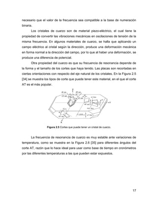17
necesario que el valor de la frecuencia sea compatible a la base de numeración
binaria.
Los cristales de cuarzo son de material piezo-eléctrico, el cual tiene la
propiedad de convertir las vibraciones mecánicas en oscilaciones de tensión de la
misma frecuencia. En algunos materiales de cuarzo, se halla que aplicando un
campo eléctrico al cristal según la dirección, produce una deformación mecánica
en forma normal a la dirección del campo, por lo que al haber una deformación, se
produce una diferencia de potencial.
Otra propiedad del cuarzo es que su frecuencia de resonancia depende de
la forma y el tamaño de los cortes que haya tenido. Las placas son recortadas en
ciertas orientaciones con respecto del eje natural de los cristales. En la Figura 2.5
[34] se muestra los tipos de corte que puede tener este material, en el que el corte
AT es el más popular.
Figura 2.5 Cortes que puede tener un cristal de cuarzo.
La frecuencia de resonancia de cuarzo es muy estable ante variaciones de
temperatura, como se muestra en la Figura 2.6 [35] para diferentes ángulos del
corte AT, razón que lo hace ideal para usar como base de tiempo en cronómetros
por las diferentes temperaturas a las que pueden estar expuestos.
 