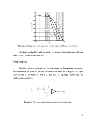 23
Figura 2.11 Comparación entre respuestas en frecuencia para filtros de cuarto orden.
Los filtros se clasifican a la vez según el rango de frecuencias que interesa
seleccionar. Los filtros utilizados son:
Filtro paso bajo
Este filtro tiene la particularidad de seleccionar las frecuencias menores a
una frecuencia de corte. El circuito utilizado se muestra en la Figura 2.12, que
corresponde a un filtro de orden 2 que usa la topología Sallen-Key de
realimentación positiva.
Figura 2.12 Filtro paso-bajo de segundo orden de ganancia unitaria.
 
