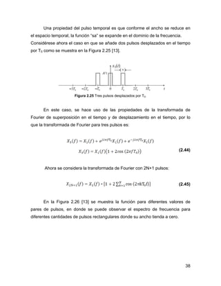 38
Una propiedad del pulso temporal es que conforme el ancho se reduce en
el espacio temporal, la función “sa” se expande en el dominio de la frecuencia.
Considérese ahora el caso en que se añade dos pulsos desplazados en el tiempo
por T0 como se muestra en la Figura 2.25 [13].
Figura 2.25 Tres pulsos desplazados por T0.
En este caso, se hace uso de las propiedades de la transformada de
Fourier de superposición en el tiempo y de desplazamiento en el tiempo, por lo
que la transformada de Fourier para tres pulsos es:
(2.44)
Ahora se considera la transformada de Fourier con 2N+1 pulsos:
(2.45)
En la Figura 2.26 [13] se muestra la función para diferentes valores de
pares de pulsos, en donde se puede observar el espectro de frecuencia para
diferentes cantidades de pulsos rectangulares donde su ancho tienda a cero.
 