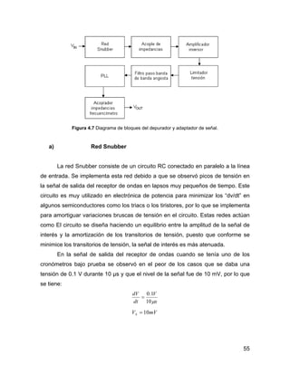 55
Figura 4.7 Diagrama de bloques del depurador y adaptador de señal.
a) Red Snubber
La red Snubber consiste de un circuito RC conectado en paralelo a la línea
de entrada. Se implementa esta red debido a que se observó picos de tensión en
la señal de salida del receptor de ondas en lapsos muy pequeños de tiempo. Este
circuito es muy utilizado en electrónica de potencia para minimizar los “dv/dt” en
algunos semiconductores como los triacs o los tiristores, por lo que se implementa
para amortiguar variaciones bruscas de tensión en el circuito. Estas redes actúan
como El circuito se diseña haciendo un equilibrio entre la amplitud de la señal de
interés y la amortización de los transitorios de tensión, puesto que conforme se
minimice los transitorios de tensión, la señal de interés es más atenuada.
En la señal de salida del receptor de ondas cuando se tenía uno de los
cronómetros bajo prueba se observó en el peor de los casos que se daba una
tensión de 0.1 V durante 10 µs y que el nivel de la señal fue de 10 mV, por lo que
se tiene:
s
V
dt
dV
μ10
1.0
=
mVVS 10=
 