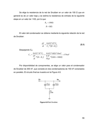 56
Se elige la resistencia de la red de Snubber en un valor de 100 Ω que en
general es de un valor bajo y se estima la resistencia de entrada de la siguiente
etapa en un valor de 1 KΩ, por lo que:
Ω= 100SR
Ω= kR 1
El valor del condensador se obtiene mediante la siguiente relación de la red
de Snubber:
( )SS
S
RRC
VR
dt
dV
+
=
*
**632.0
(5.1)
Despejando CS:
( ) ( )
nF
K
s
V
mVK
RR
dt
dV
VR
C
S
S
S 574
1001*
10
1.0
10*1*632.0
*
**632.0
=
Ω+Ω
Ω
=
+
=
μ
Por disponibilidad de componentes, se elige un valor para el condensador
de Snubber de 300 nF, que consiste en dos condensadores de 150 nF conectados
en paralelo. El circuito final se muestra en la Figura 4.8.
Figura 4.8 Red Snubber.
 