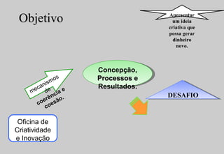 Objetivo Oficina de Criatividade e Inovação mecanismos de  coerência e coesão. Concepção,  Processos  e Resultados. DESAFIO Apresentar um ideia criativa que possa gerar dinheiro novo. 