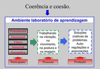 Coerência e coesão. Trabalhando  na vibração, no movimento, na postura e na imagem. Soluções criativas de problemas. Auto-regulações e associações. Participante Processo Produção Ambiente laboratório de aprendizagem Energética Sensorial Tônica Emocional Pensamento 