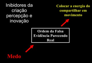 Inibidores da criação percepção e inovação Medo Ordem da Falsa Evidência Parecendo Real Colocar a energia do compartilhar em movimento 