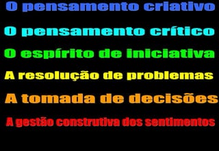 O pensamento crítico O espírito de iniciativa O pensamento criativo A resolução de problemas A tomada de decisões  A gestão construtiva dos sentimentos 