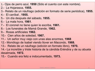 1.- Ojos de perro azul, 1950 (Sólo el cuento con este nombre).
2.- La Hojarasca, 1955.
3.- Relato de un náufrago (edición en formato de serie periódica), 1955.
4.- El caníbal , 1955.
5.- Un día después del sábado, 1955.
6.- La mala hora, 1961.
7.- El coronel no tiene quien le escriba, 1961.
8.- Los funerales de Mamá Grande, 1962.
9.- Rosas artificiales 1962.
10.- Cien años de soledad, 1967.
11.- Un señor muy viejo con unas alas enormes, 1968
12.- Monólogo de Isabel viendo llover en Macondo, 1968.
13.- Relato de un náufrago (edición en formato libro), 1970.
14.- La increíble y triste historia de la cándida Eréndira y de su abuela
desalmada, 1972.
15.- Cuando era feliz e indocumentado, 1973.
6TANYA JIMENEZ CORREA
 