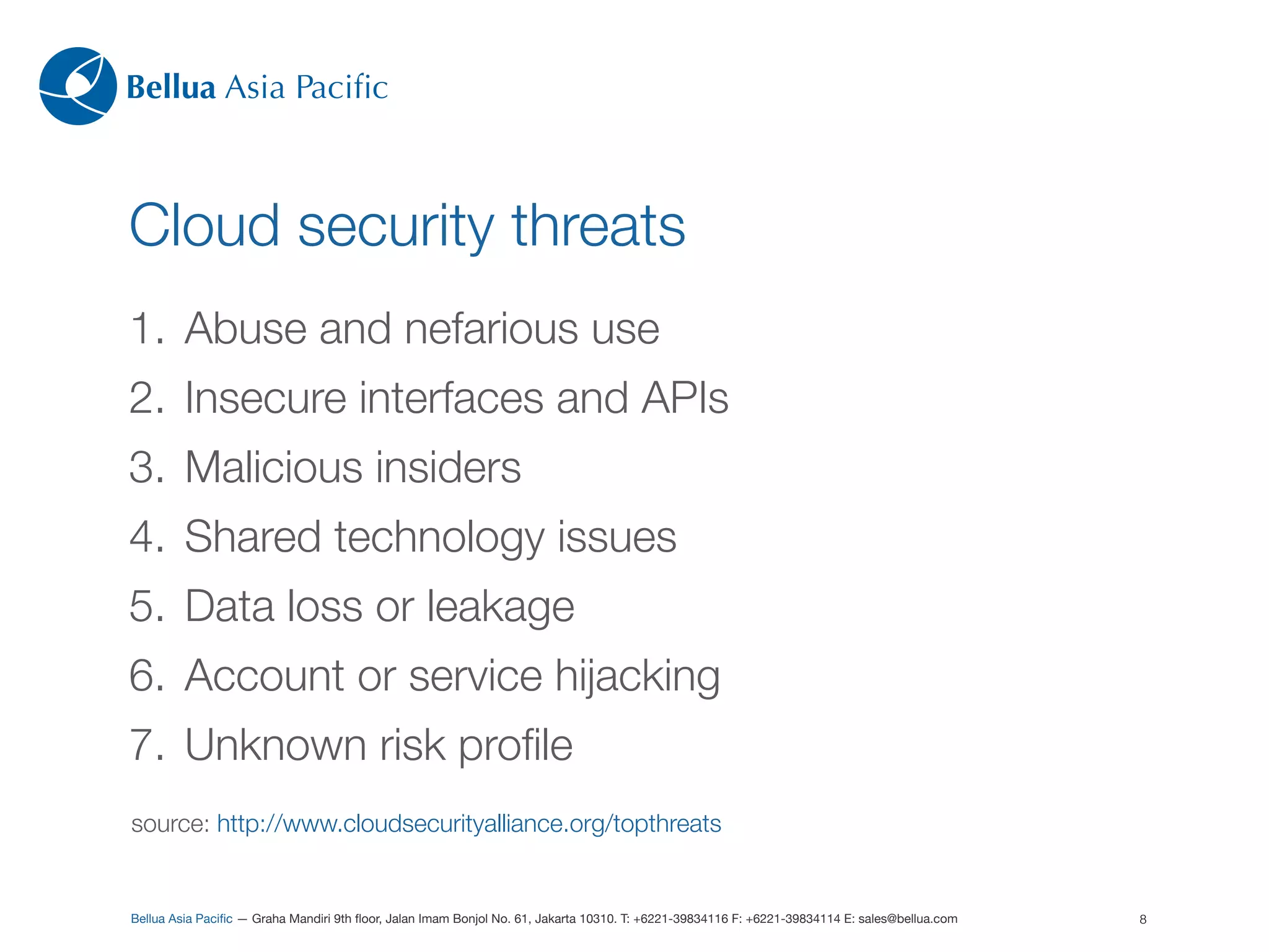 Bellua Asia Paciﬁc



Cloud security threats
1. Abuse and nefarious use
2. Insecure interfaces and APIs
3. Malicious insiders
4. Shared technology issues
5. Data loss or leakage
6. Account or service hijacking
7. Unknown risk proﬁle
source: http://www.cloudsecurityalliance.org/topthreats


Bellua Asia Paciﬁc — Graha Mandiri 9th ﬂoor, Jalan Imam Bonjol No. 61, Jakarta 10310. T: +6221-39834116 F: +6221-39834114 E: sales@bellua.com   8
 