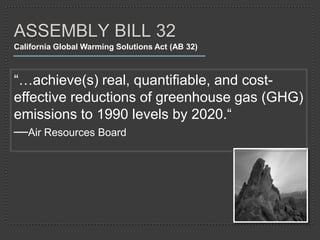ASSEMBLY BILL 32
California Global Warming Solutions Act (AB 32)



―…achieve(s) real, quantifiable, and cost-
effective reductions of greenhouse gas (GHG)
emissions to 1990 levels by 2020.―
—Air Resources Board
 