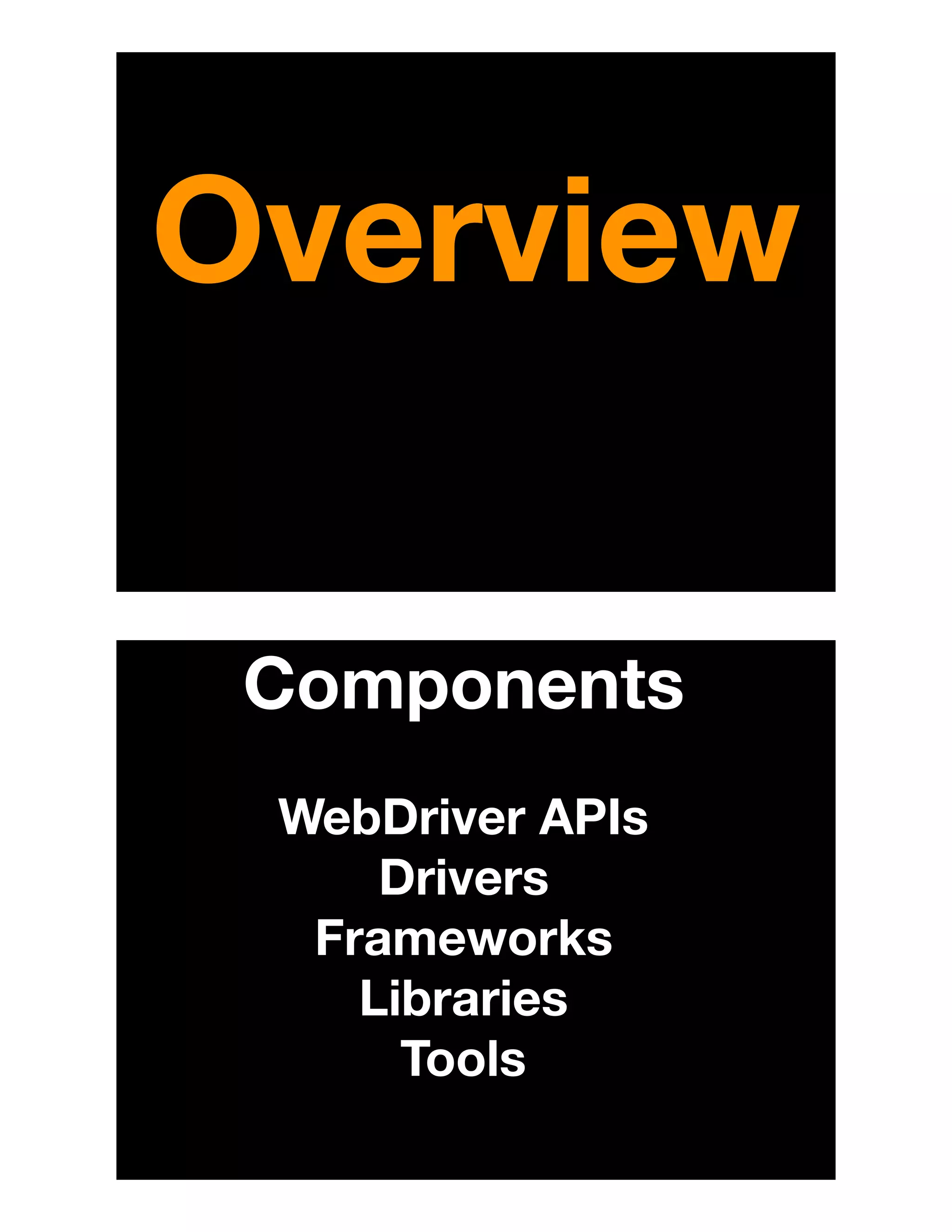 Overview
Components
WebDriver APIs
Drivers
Frameworks
Libraries
Tools
 