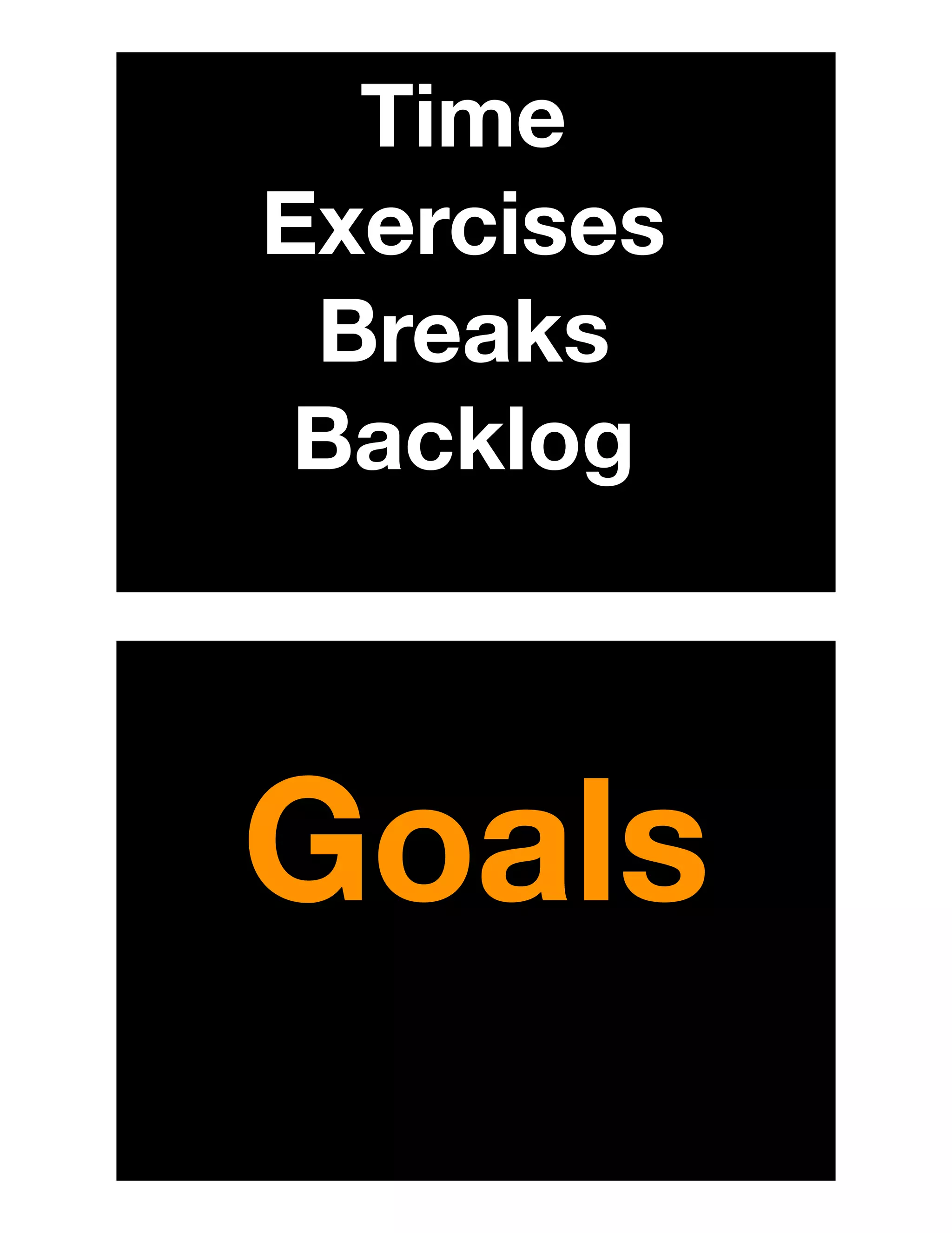 Time
Exercises
Breaks
Backlog
Goals
 