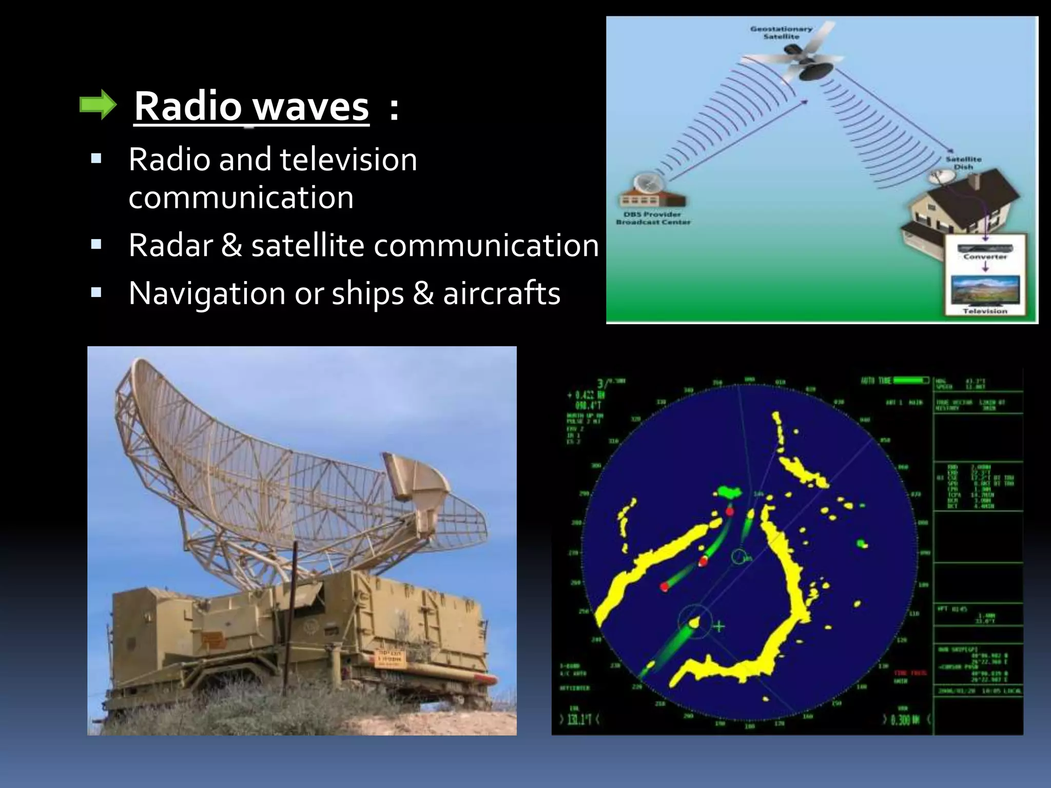 Radio waves :
Radio and television
communication
Radar & satellite communication
Navigation or ships & aircrafts