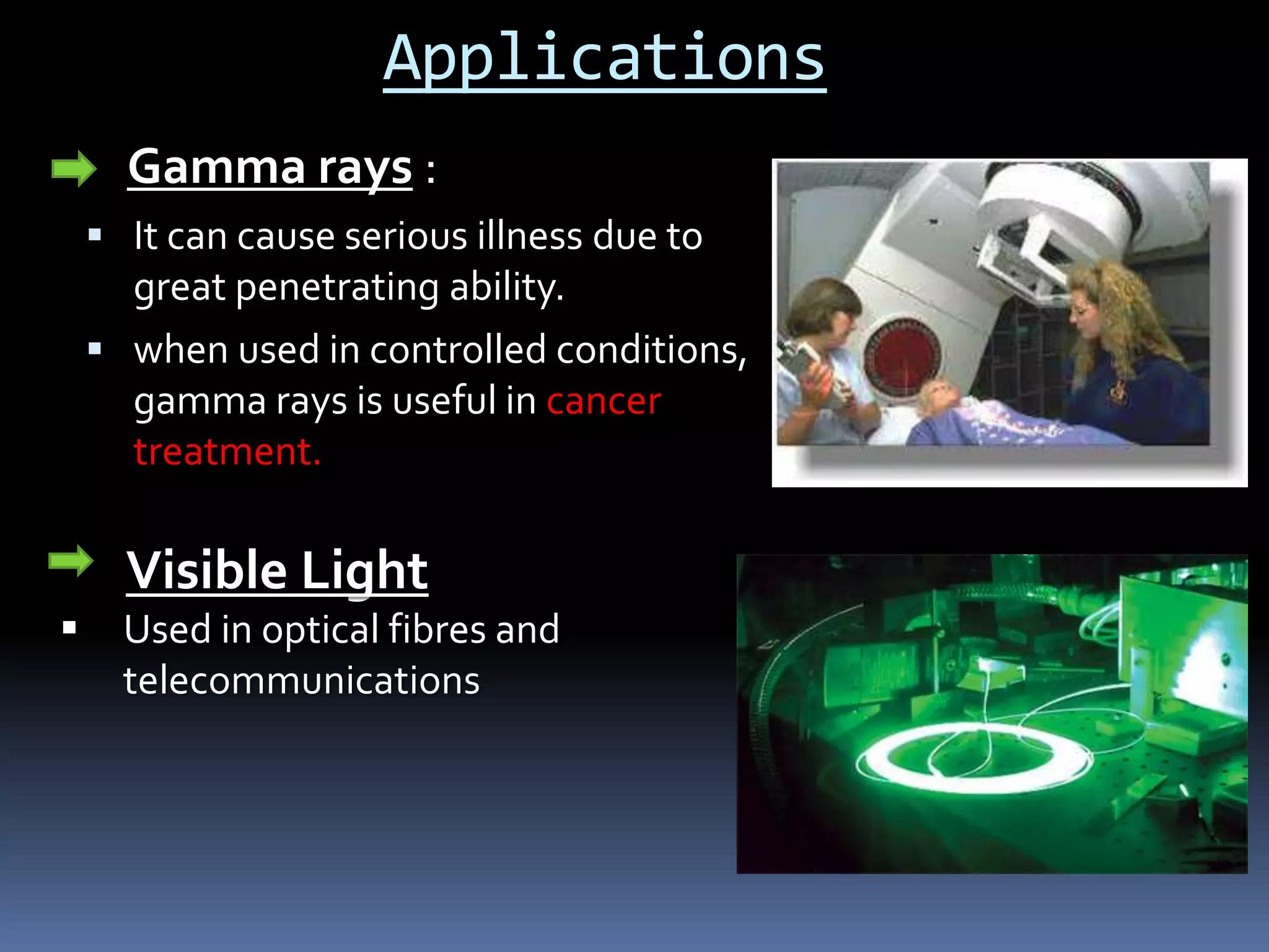Applications
Gamma rays :
It can cause serious illness due to
great penetrating ability.
when used in controlled conditions,
gamma rays is useful in cancer
treatment.
Visible Light
Used in optical fibres and
telecommunications