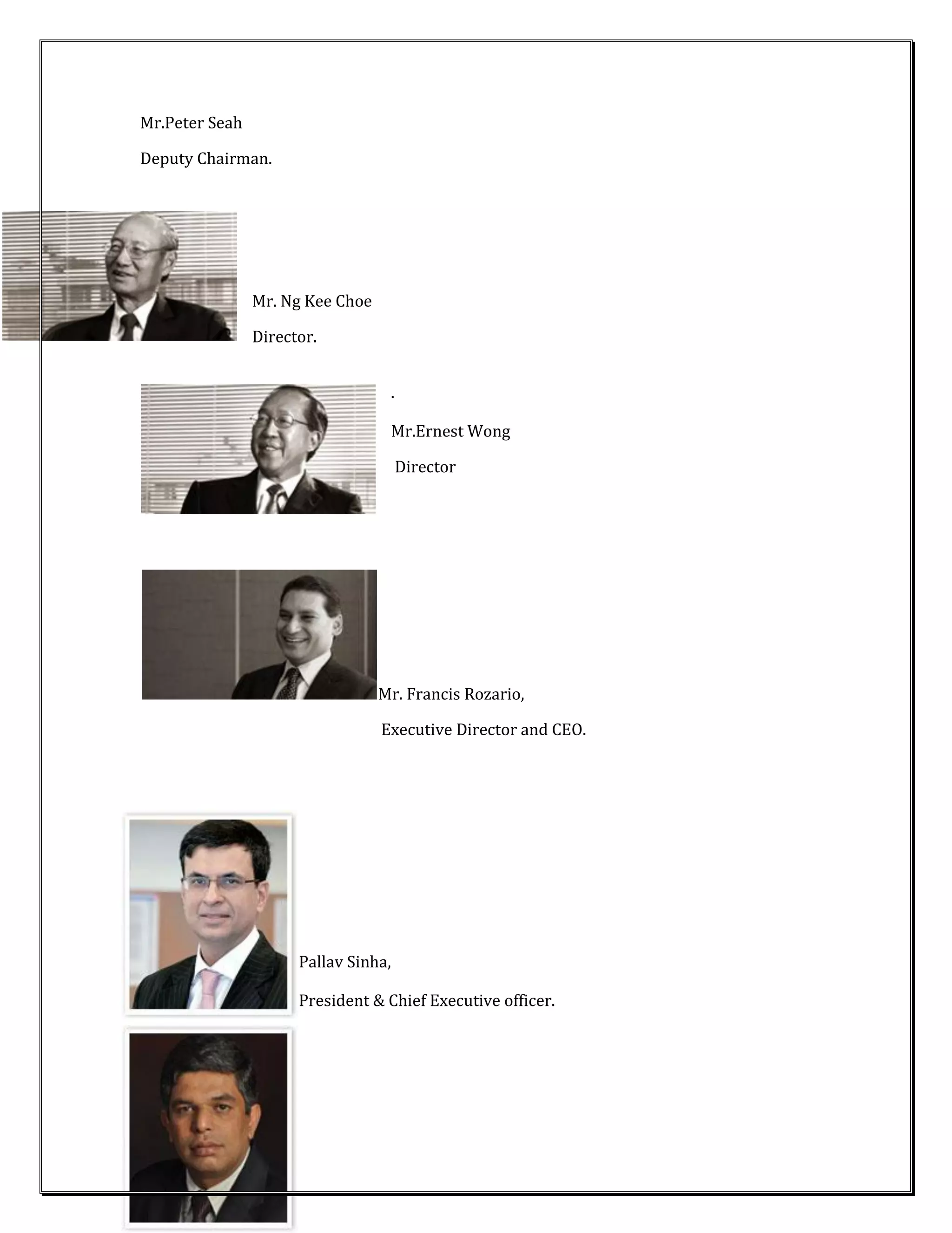 Mr.Peter Seah

Deputy Chairman.




                Mr. Ng Kee Choe

                Director.


                                   .

                                   Mr.Ernest Wong

                                       Director




                                  Mr. Francis Rozario,

                                  Executive Director and CEO.




                      Pallav Sinha,

                      President & Chief Executive officer.
 