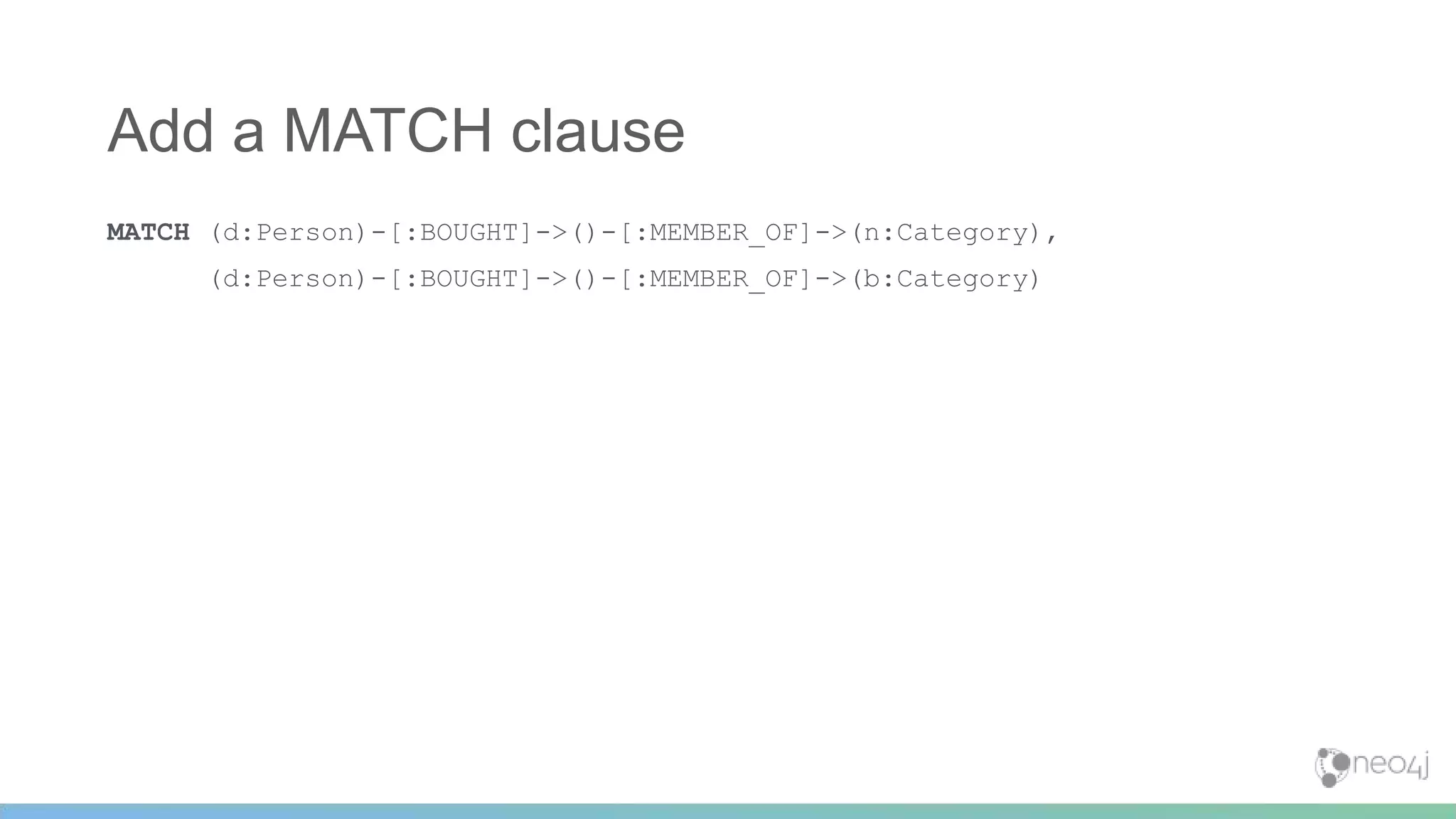 MATCH (d:Person)-[:BOUGHT]->()-[:MEMBER_OF]->(n:Category),
(d:Person)-[:BOUGHT]->()-[:MEMBER_OF]->(b:Category)
Add a MATCH clause
 