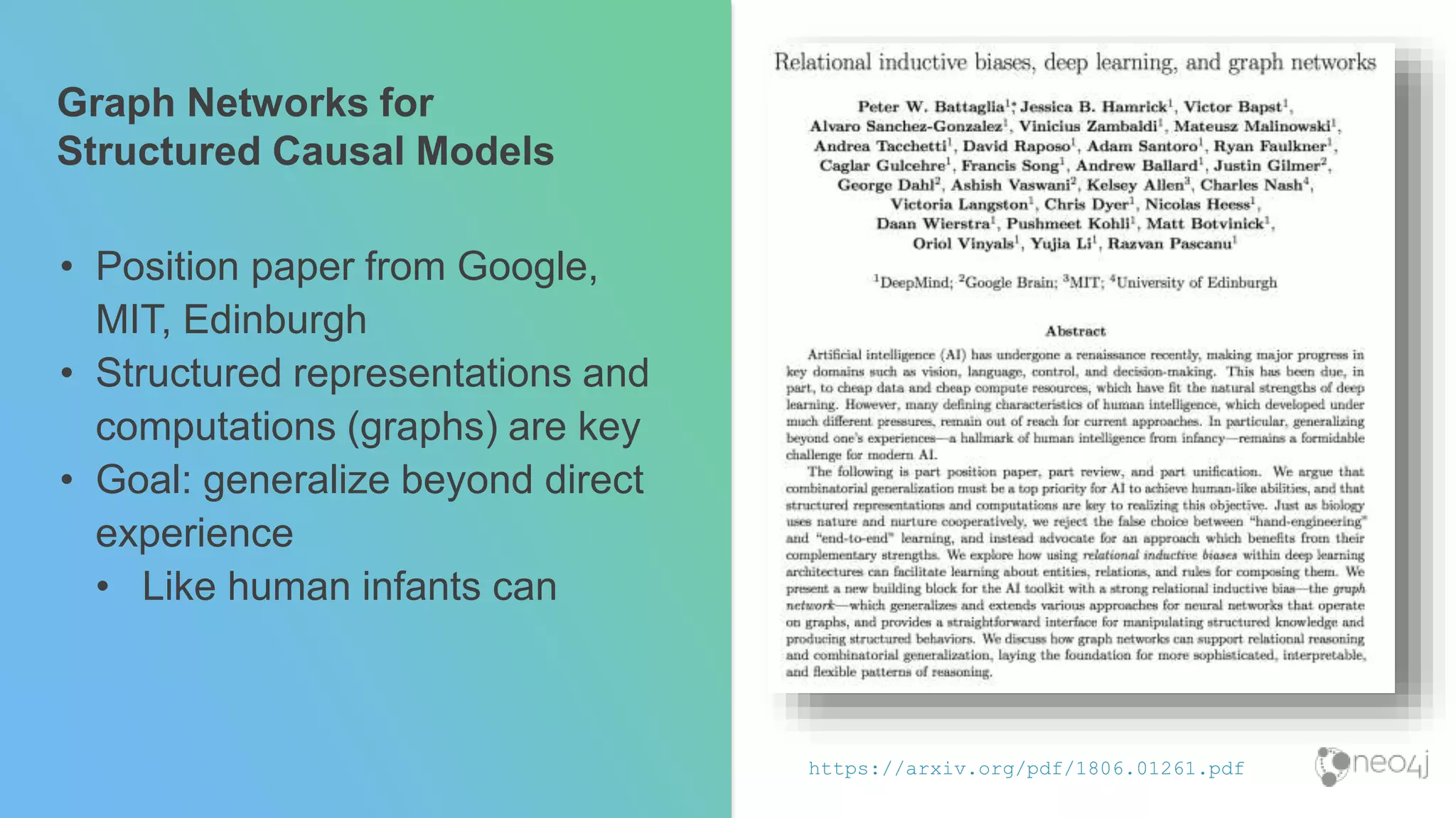 Graph Networks for
Structured Causal Models
• Position paper from Google,
MIT, Edinburgh
• Structured representations and
computations (graphs) are key
• Goal: generalize beyond direct
experience
• Like human infants can
https://arxiv.org/pdf/1806.01261.pdf
 