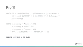 MATCH (d:Person)-[:BOUGHT]->()-[:MEMBER_OF]->(n:Category),
(d:Person)-[:BOUGHT]->()-[:MEMBER_OF]->(b:Category),
(c:Category)
WHERE n.category = "nappies" AND
b.category = "beer" AND
c.category = "console" AND
NOT((d)-[:BOUGHT]->()-[:MEMBER_OF]->(c))
RETURN DISTINCT d AS daddy
Profit!
 