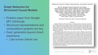 Graph Networks for
Structured Causal Models
• Position paper from Google,
MIT, Edinburgh
• Structured representations and
computations (graphs) are key
• Goal: generalize beyond direct
experience
• Like human infants can
https://arxiv.org/pdf/1806.01261.pdf
 