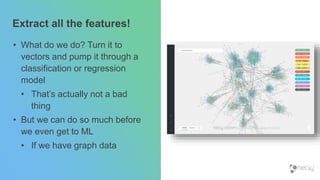 Extract all the features!
• What do we do? Turn it to
vectors and pump it through a
classification or regression
model
• That’s actually not a bad
thing
• But we can do so much before
we even get to ML
• If we have graph data
 