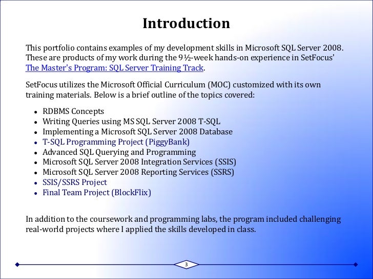 jim killian s sql server 2008 portfolio example of working portfolio