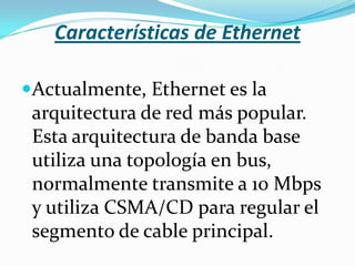 Características de Ethernet

Actualmente, Ethernet es la
 arquitectura de red más popular.
 Esta arquitectura de banda base
 utiliza una topología en bus,
 normalmente transmite a 10 Mbps
 y utiliza CSMA/CD para regular el
 segmento de cable principal.
 